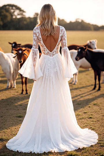 White A Line V Neck Western Wedding Dress with Lace